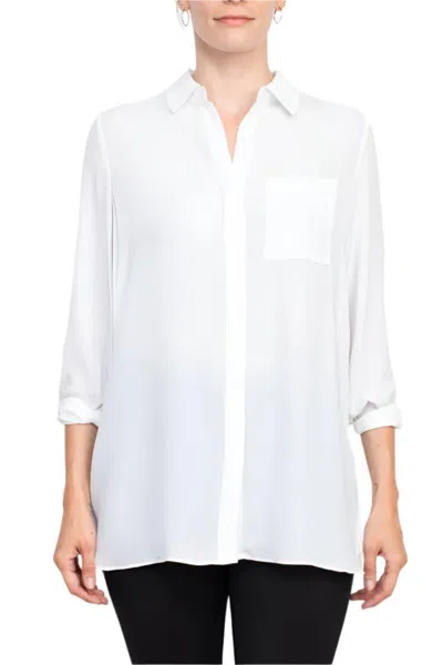 Truedames Collared 3/4 Sleeves Front Button Closure Chiffon Crepe Shirt In White