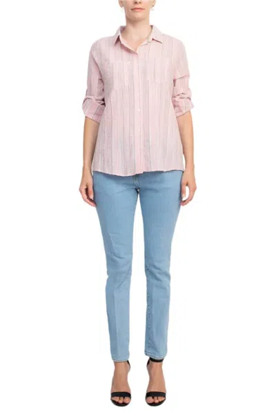 Truedames Collared Button Down 2 Way Sleeve Pockets Multi Color Rayon Shirt In Pink