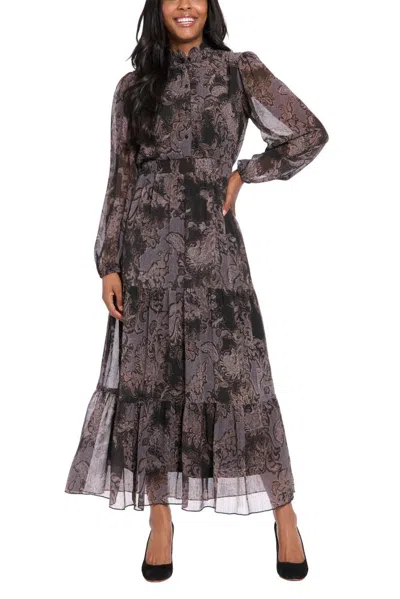 Truedames Collared Buttoned Ruffle Neckline Long Bishop Elastic Cuff Sleeves Fit Bodice Smocked Waistband Fit- In Black