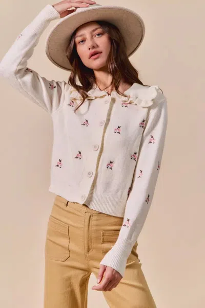 Truedames Collared Floral Embroidered Button Down Sweater Cardigan In White