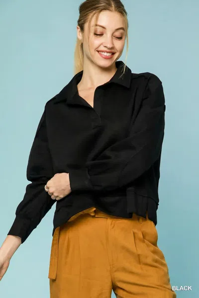 Truedames Collared Neck Long Sleeve Top With Raw Hem Detail In Black