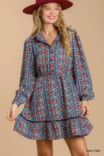 Truedames Collared Neckline Button Down Floral Print Dress With Crochet Trimmed Details In Blue