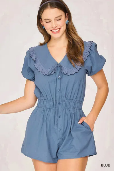 Truedames Collared Short Sleeve Button Down Romper In Blue