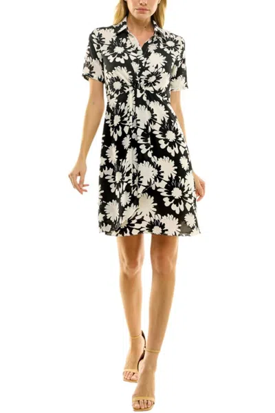 Truedames Collared Short Sleeve Gathered Front Floral Print Crepe Chiffon Dress In Black