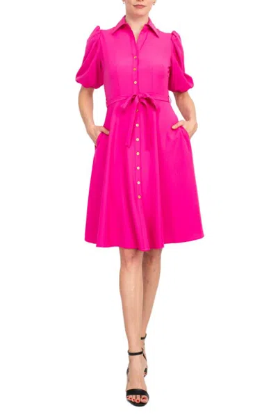 Truedames Collared Short Sleeves Front Button Closure Waist Tie Solid Crepe Dress In Pink