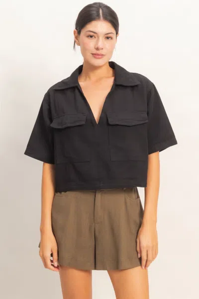 Truedames Collared V-neck Top In Black