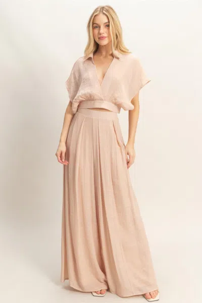 Truedames Collared Wrap Top & Wide-leg Pants Set In Pink