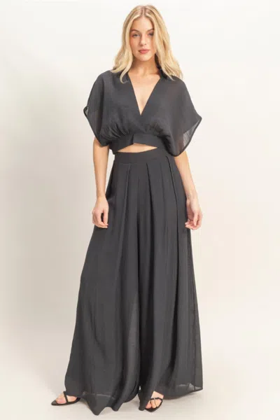 Truedames Collared Wrap Top & Wide-leg Pants Set In Black