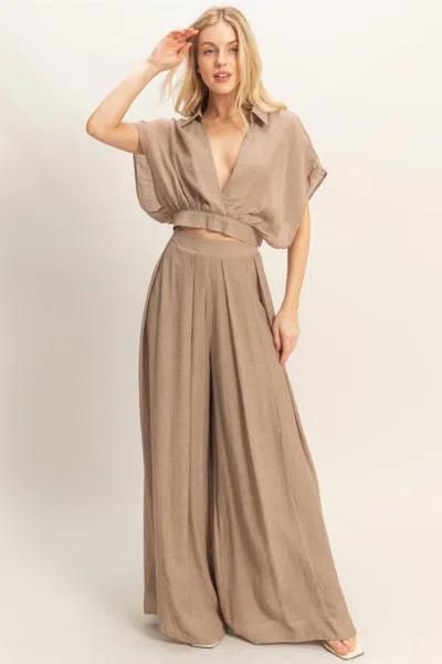 Truedames Collared Wrap Top & Wide-leg Pants Set In Multi