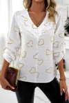 Truedames Color Black Heart Print V Neck Ruffle Loose Blouse In White