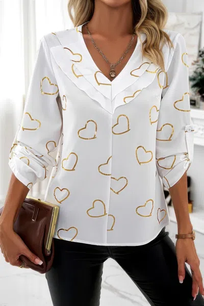 Truedames Color Black Heart Print V Neck Ruffle Loose Blouse In White