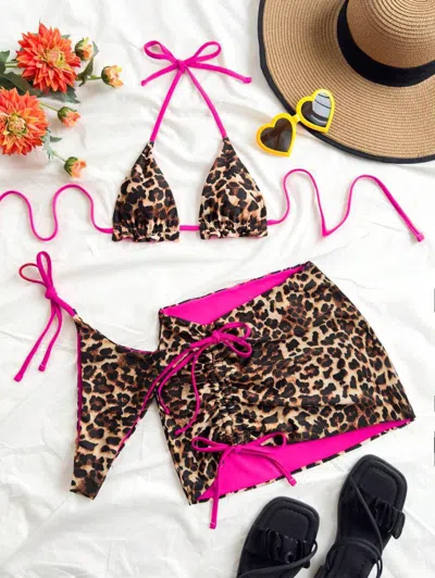 Truedames Color Block Bikini Three Piece Swimsuit Sexy Backless Skirted Bikini Swimwear For Women In Pink