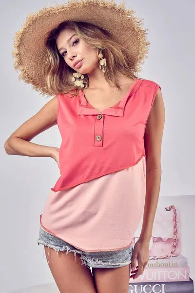 Truedames Color Block Contrast Stitching Buttoned Henley Top In Pink