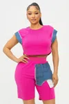 Truedames Color Block Denim Sleeve Top And Biker Shorts Set In Black