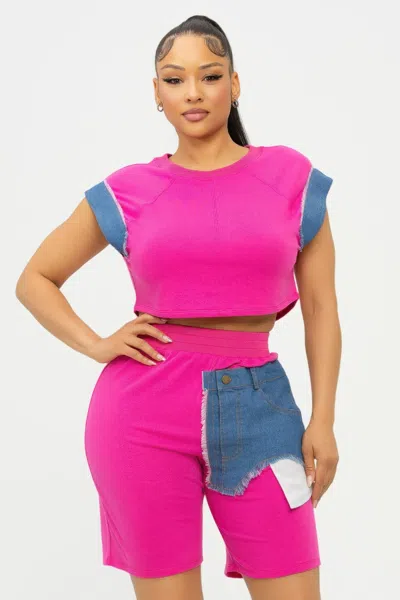 Truedames Color Block Denim Sleeve Top And Biker Shorts Set In Black