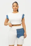 Truedames Color Block Denim Sleeve Top And Biker Shorts Set In White