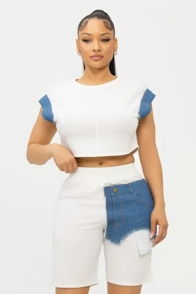 Truedames Color Block Denim Sleeve Top And Biker Shorts Set In White