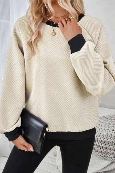Truedames Color Block Edge Raglan Sleeve Crew Neck Textu Top In Neutral