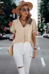 Truedames Color Block Lace Sleeve V Neck Solid Loose Fit Blouse In Brown