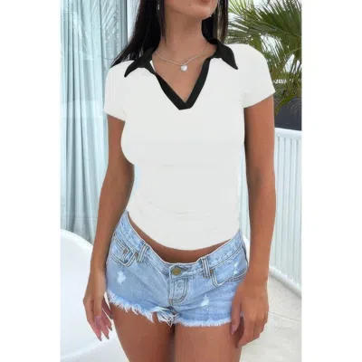 Truedames Color Block Polo Collar V Neck Slim Fit Shirt In White