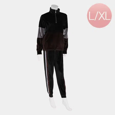 Truedames Color Block Terry Fur Jacket And Leggings Set In Black