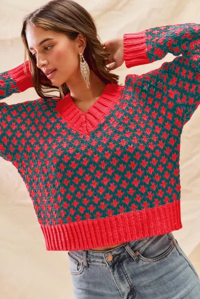 Truedames Color Block Textured Christmas Sweater V Neck Top In Red