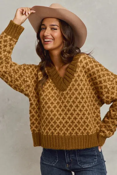 Truedames Color Block Textured Christmas Sweater V Neck Top In Brown
