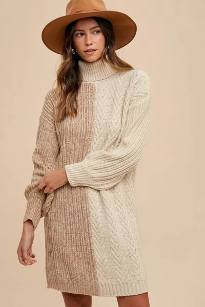 Truedames Color Block Turtleneck Sweater Dress In Neutral