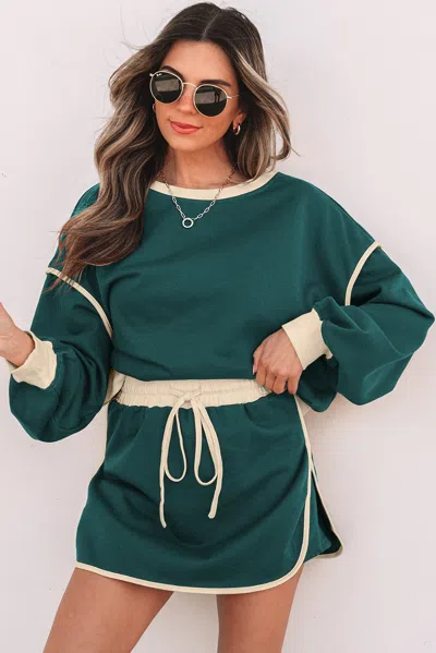 Truedames Color Contrast Loose Pullover And Lace-up Waist Skort Set In Green
