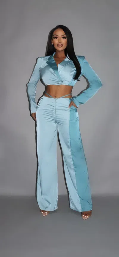 Truedames Colorblock Crop Blazer With Matching Low Rise Wide Leg Pant Set With Pockets In Blue