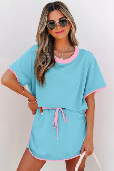 Truedames Colorblock Edge Drop Shoulder T Shirt And Skort 2pcs Set In Blue