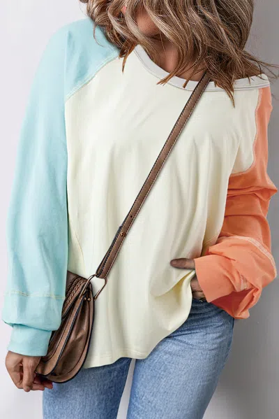 Truedames Colorblock Patchwork Crew Neck Long Sleeve Top In Multi