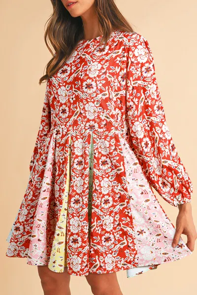 Truedames Colorful Floral Patchwork Long Sleeve Pleated Mini Dress In Orange