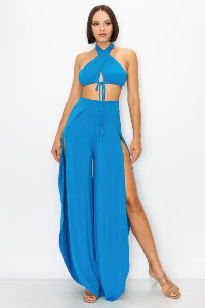 Truedames Comfort Modal Bra Top And Side Slit Pant Set In Blue