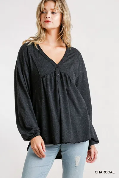 Truedames Confetti Detailed Long Puff Sleeve Babydoll Top With Button Front And Raw Hem In Pink