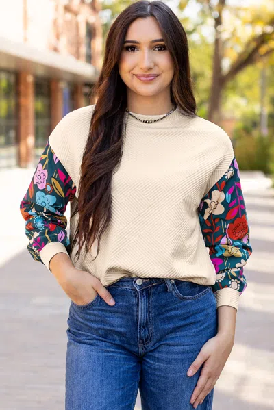 Truedames Contrast Floral Sleeve Textu Drop Shoulder Knit Top In Gray
