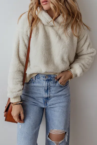 Truedames Contrast Ribbed Edge Plush Hoodie In White