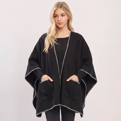 Truedames Contrast Stitch Trip Open Front Poncho In Black