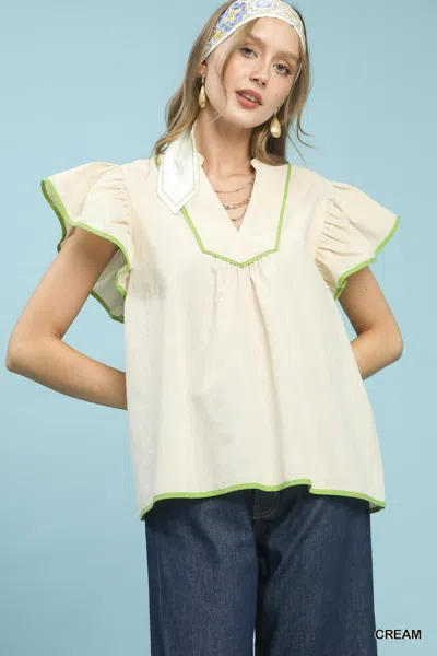Truedames Contrast Trim Babydoll Blouse In Beige
