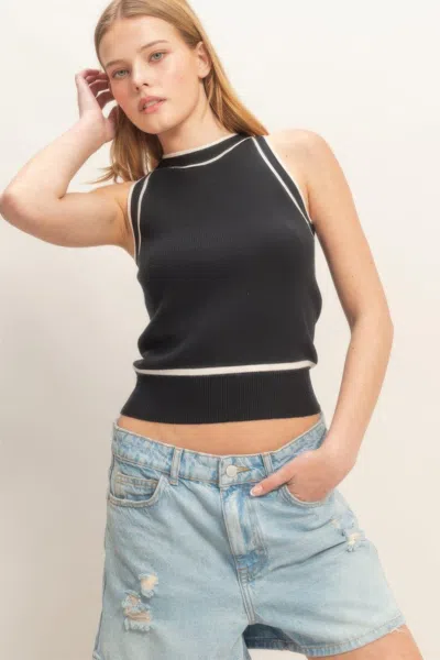 Truedames Contrast Trim Sleeveless Ribbed Top In Black