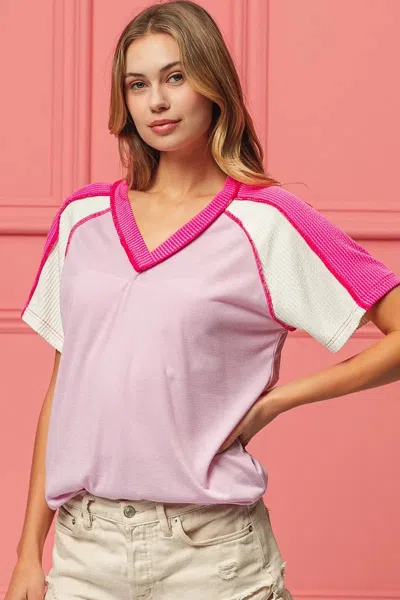 Truedames Cord Rib Combo V Neck Jersey Knit Top In Pink