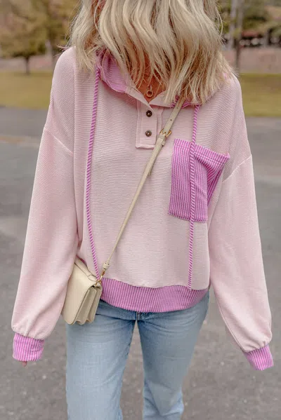 Truedames Corded Colorblock Patch Pocket Drawstring Hooded Top In Pink