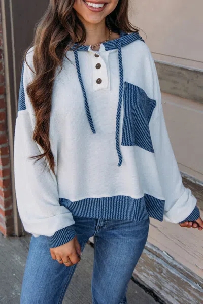 Truedames Corded Colorblock Patch Pocket Drawstring Hooded Top In Blue