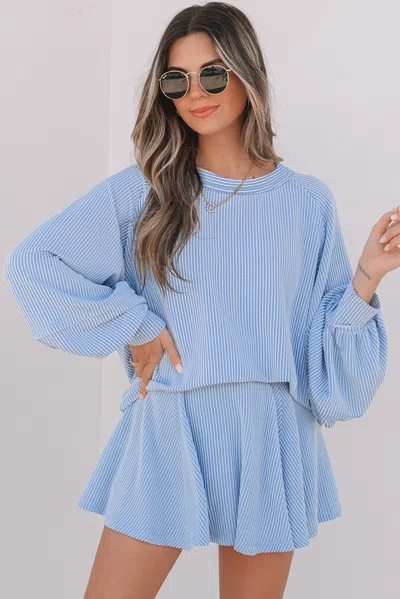 Truedames Corded Lantern Sleeve Top High Waist Ruffled Mini Skort Set In Blue