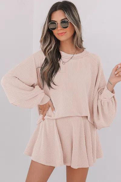 Truedames Corded Lantern Sleeve Top High Waist Ruffled Mini Skort Set In Brown