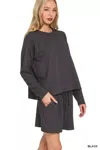 Truedames Corded Rib Long Sleeve Tee And Shorts Set In Black