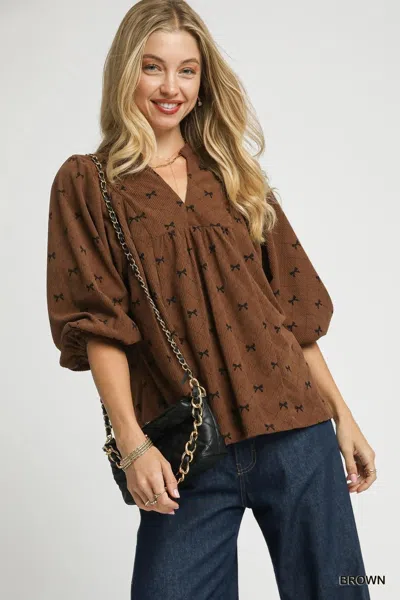 Truedames Corduroy Bow Print Balloon Sleeve Blouse In Brown