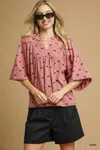 Truedames Corduroy Bow Print Balloon Sleeve Blouse In Pink