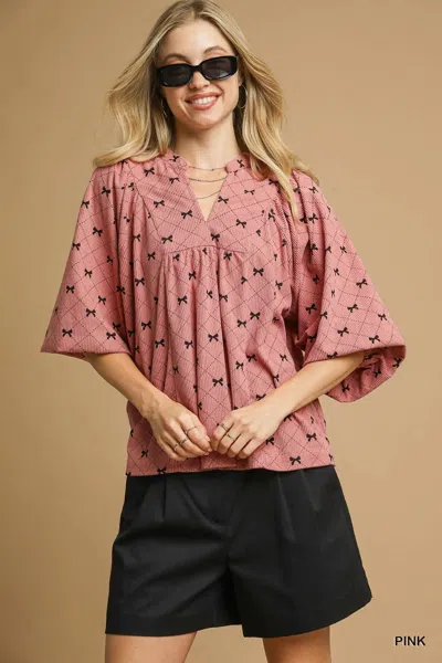 Truedames Corduroy Bow Print Balloon Sleeve Blouse In Pink