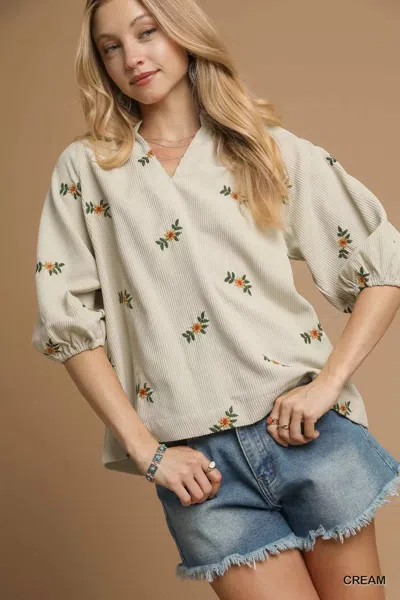 Truedames Corduroy Floral Embroidered Puff Sleeve Blouse In Neutral